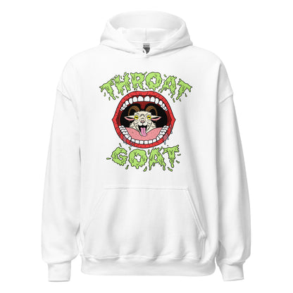 an offensive hoodie with a raunchy slogan that says throat goat
