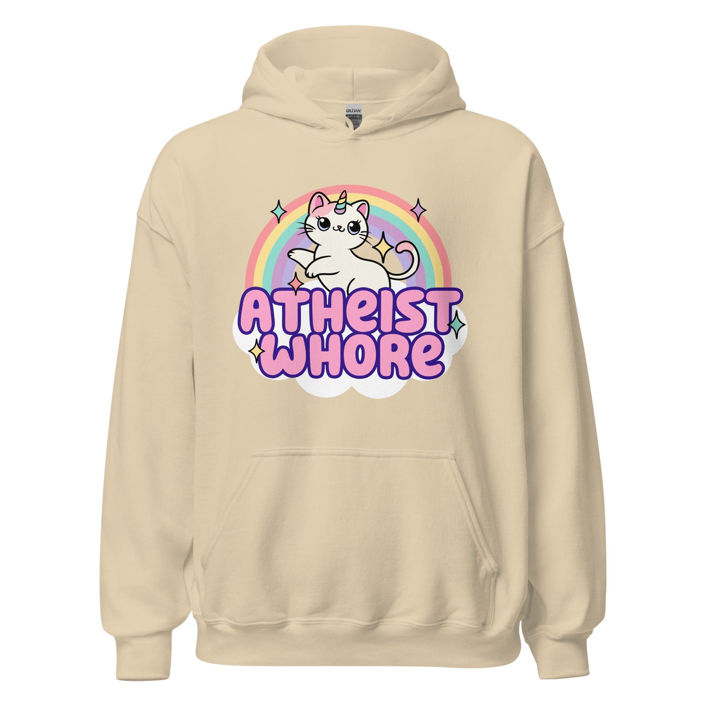 funny atheist hoodie featuring colorful unicorn and kitten design
