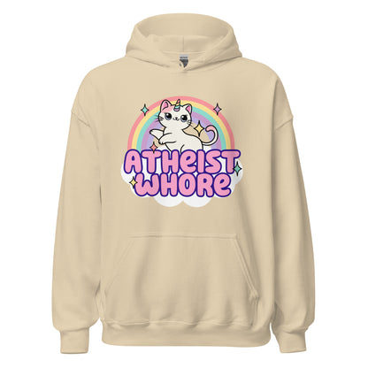 funny atheist hoodie featuring colorful unicorn and kitten design
