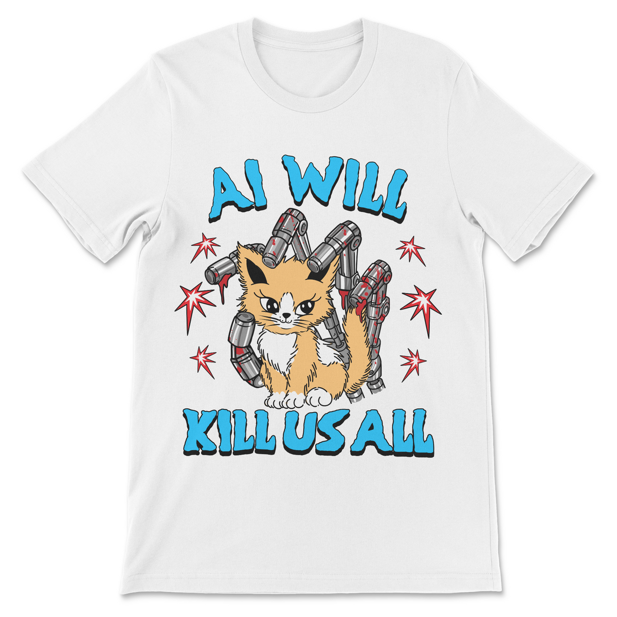 AI cat shirt featuring a cute kitten surrounded by robotic arms with funny artificial intelligence and killer robot humor
