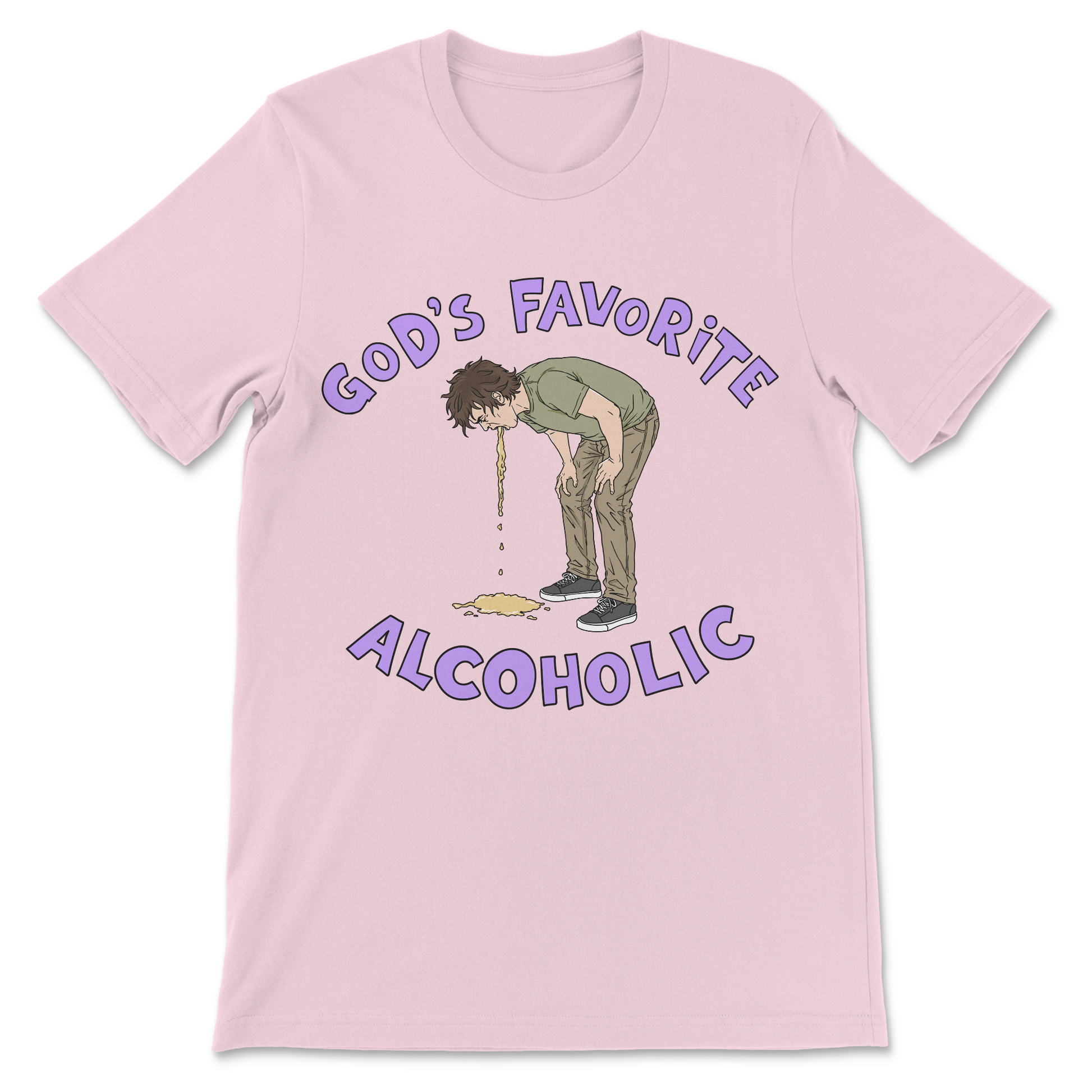 Funny alcohol shirt featuring God's Favorite Alcoholic and a graphic of a man vomiting.
