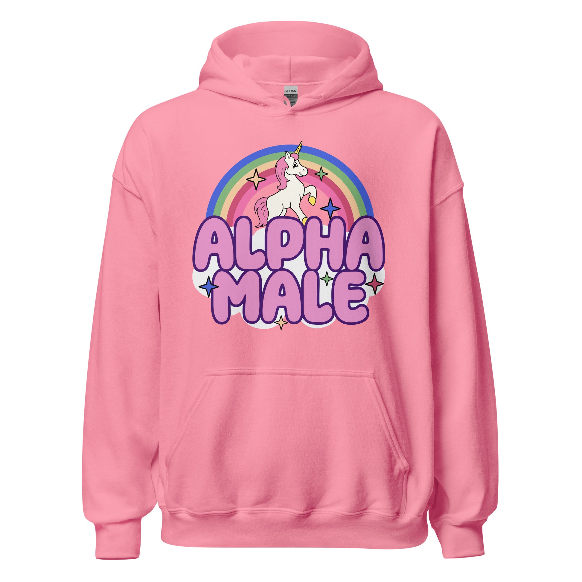 ironic Alpha Male hoodie with funny unicorn and rainbow artwork
