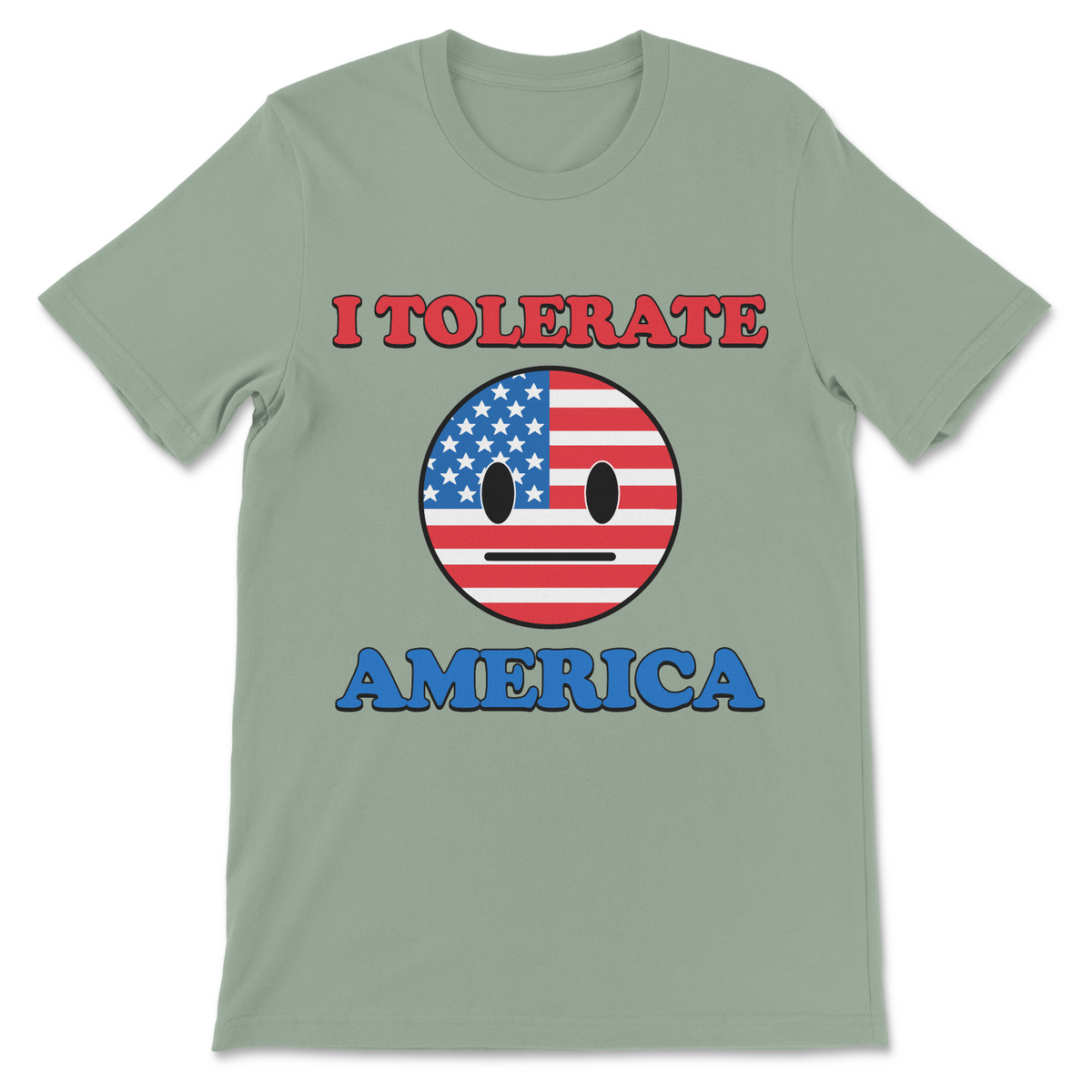 I Tolerate America graphic tee featuring an indifferent American flag face for fans of political humor, satire and cynical USA jokes
