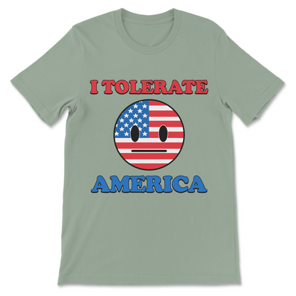 I Tolerate America graphic tee featuring an indifferent American flag face for fans of political humor, satire and cynical USA jokes
