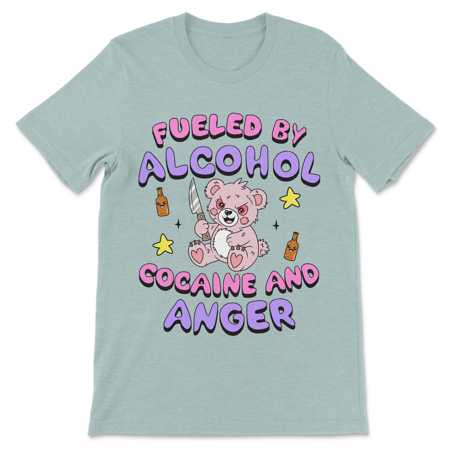 Funny dark humor shirt featuring the phrase "Fueled By Alcohol, Cocaine and Anger."
