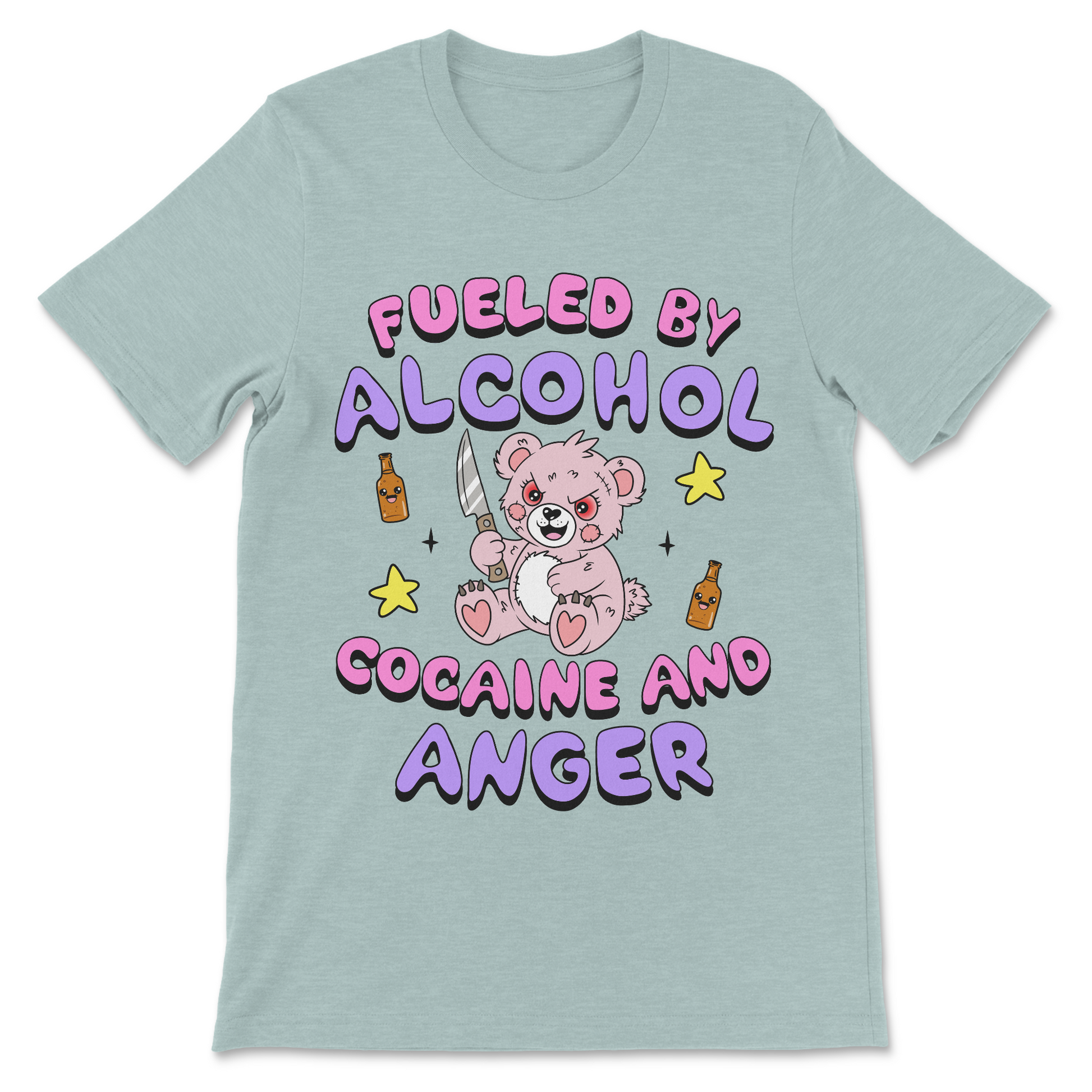 Funny dark humor shirt featuring the phrase "Fueled By Alcohol, Cocaine and Anger."
