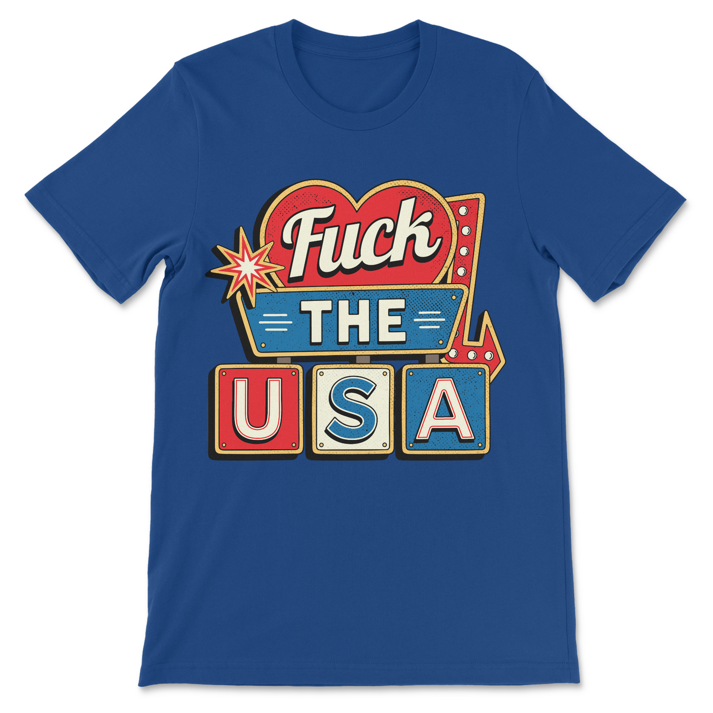 Offensive political shirt featuring a classic roadside motel sign design and anti-America slogan.
