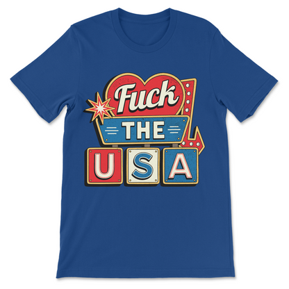 Offensive political shirt featuring a classic roadside motel sign design and anti-America slogan.
