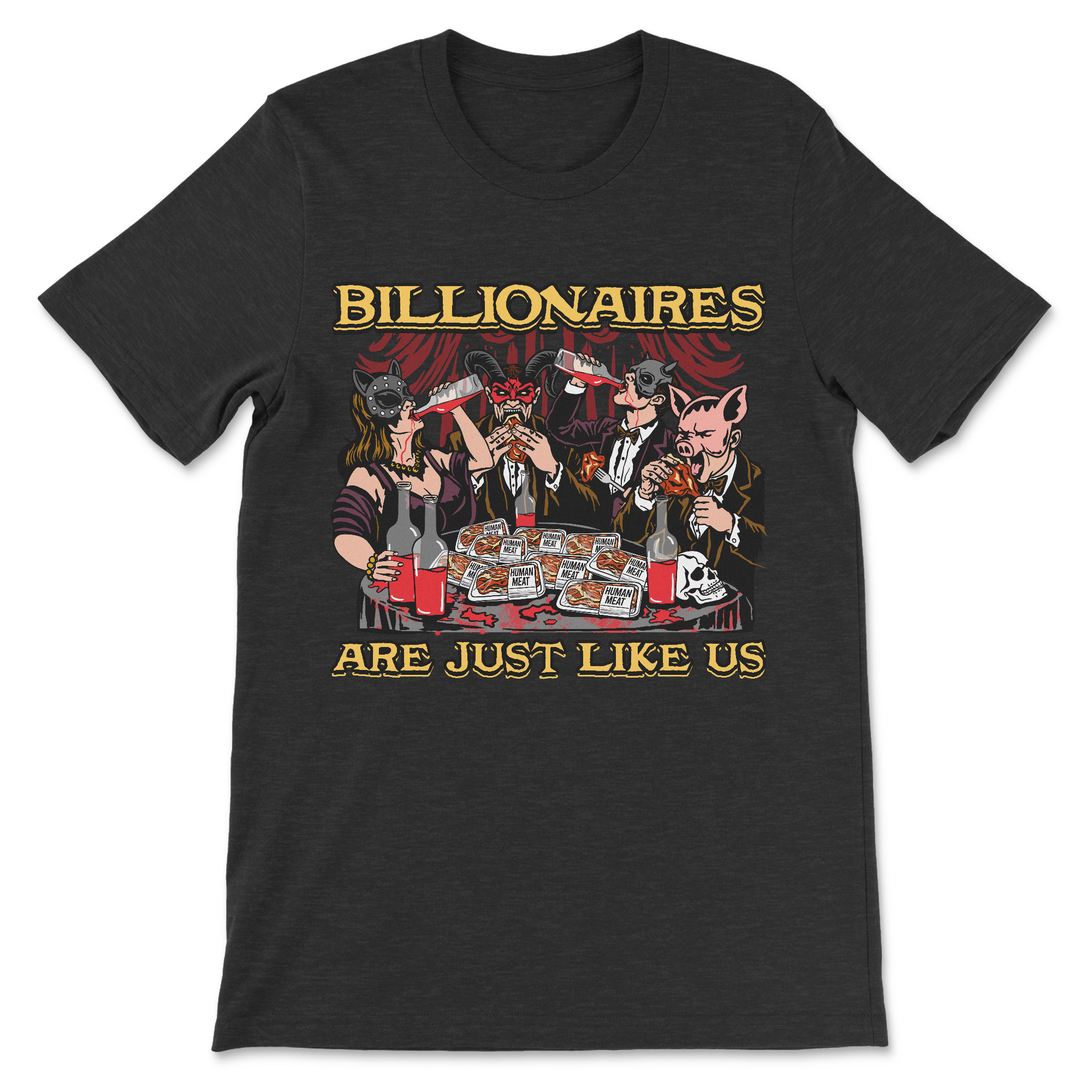 Wealth inequality protest shirt with gothic party artwork
