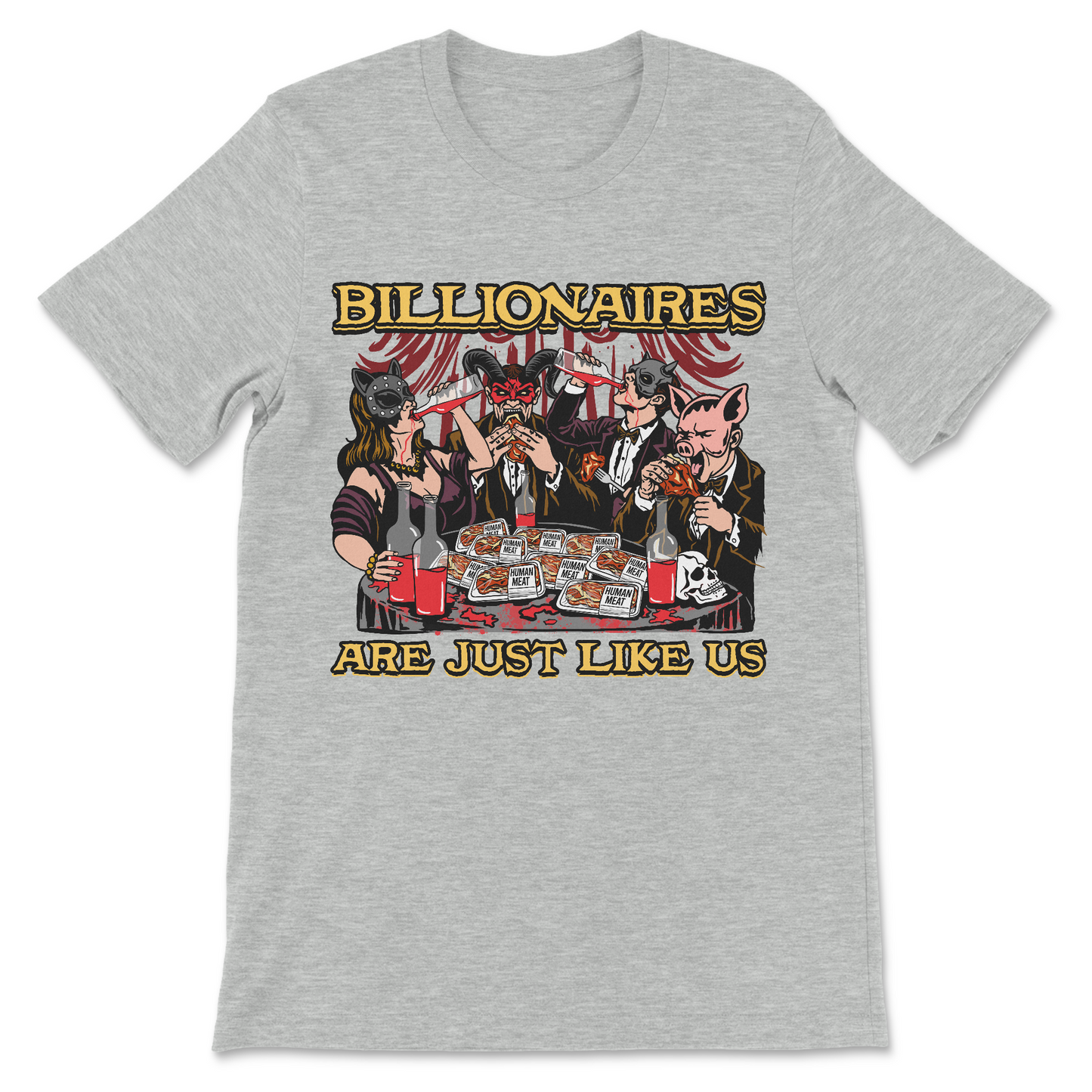 Dark humor economic satire shirt with oligarch themed artwork
