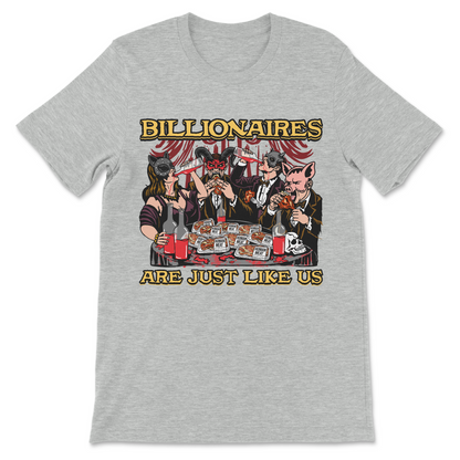 Dark humor economic satire shirt with oligarch themed artwork
