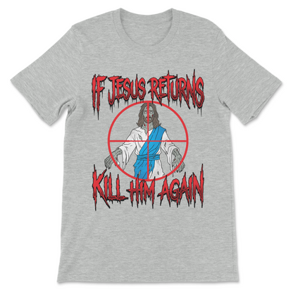 Funny zombie Jesus graphic tee with controversial religious satire.

