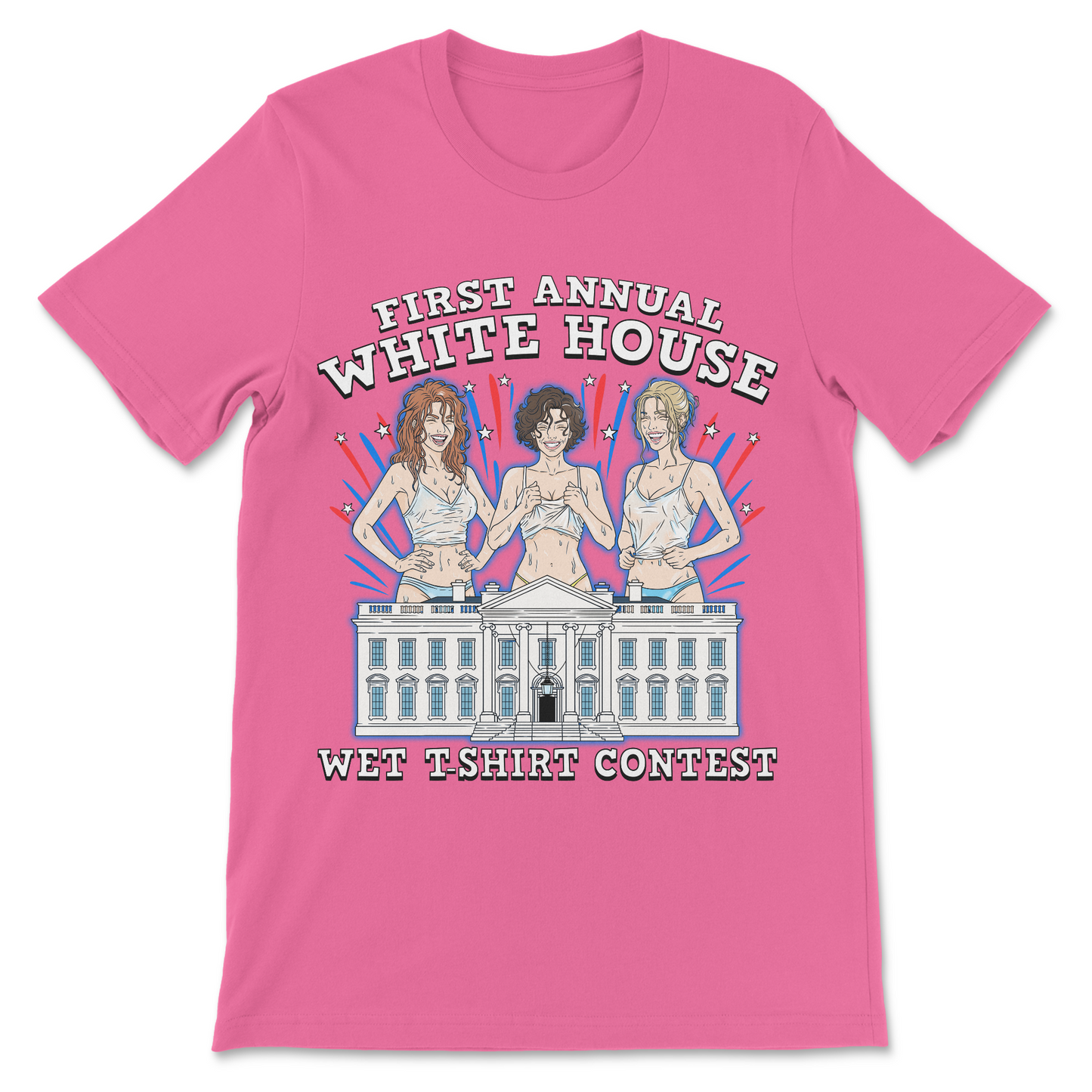 Political parody shirt imagining a wet t-shirt contest taking place at the White House.

