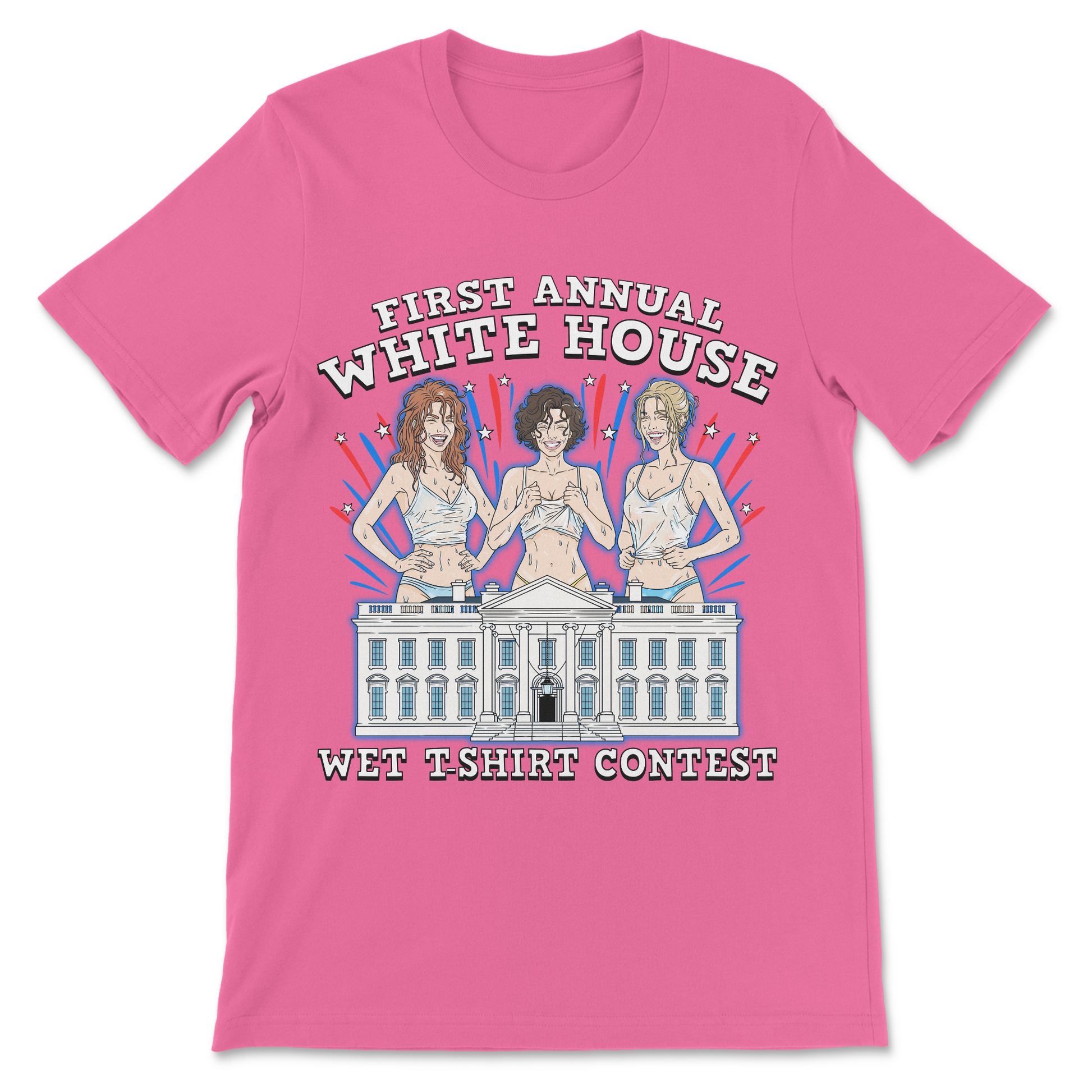 Political parody shirt imagining a wet t-shirt contest taking place at the White House.
