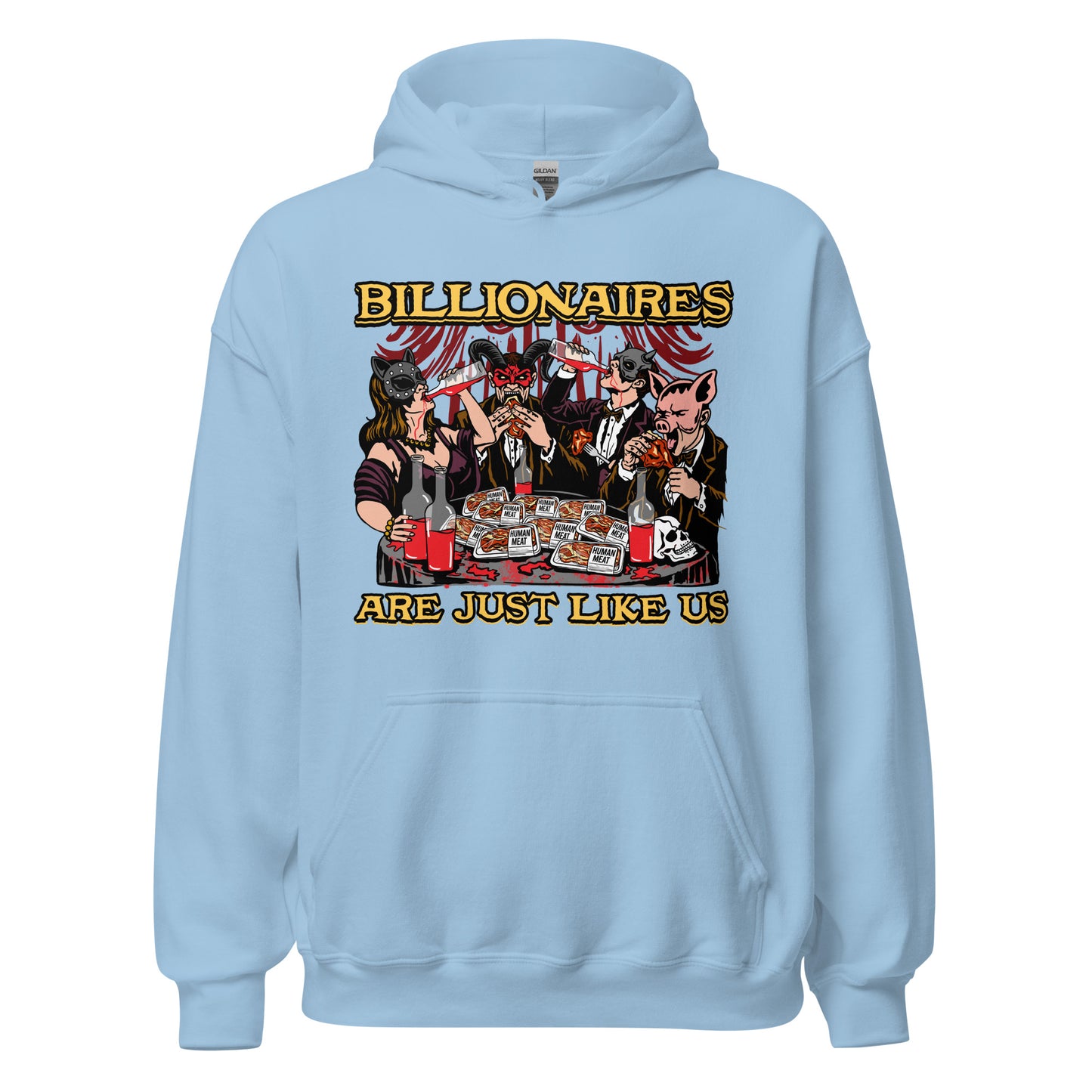 Funny anti rich people hoodie with creepy satire art
