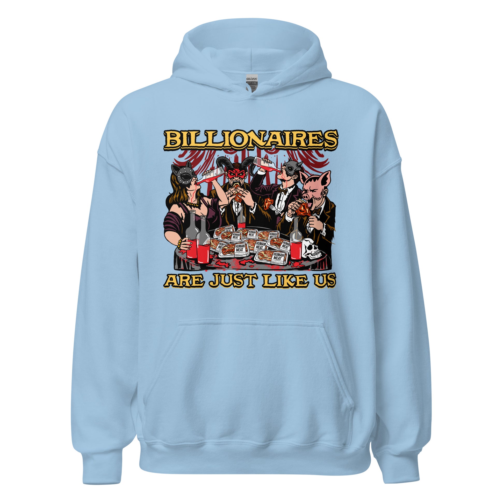 Funny anti rich people hoodie with creepy satire art
