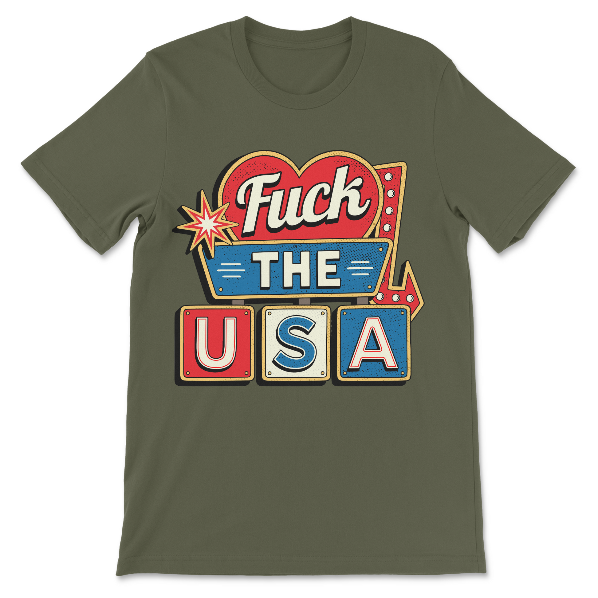 Funny anti-America shirt featuring a vintage motel sign graphic and the phrase "Fuck the USA."
