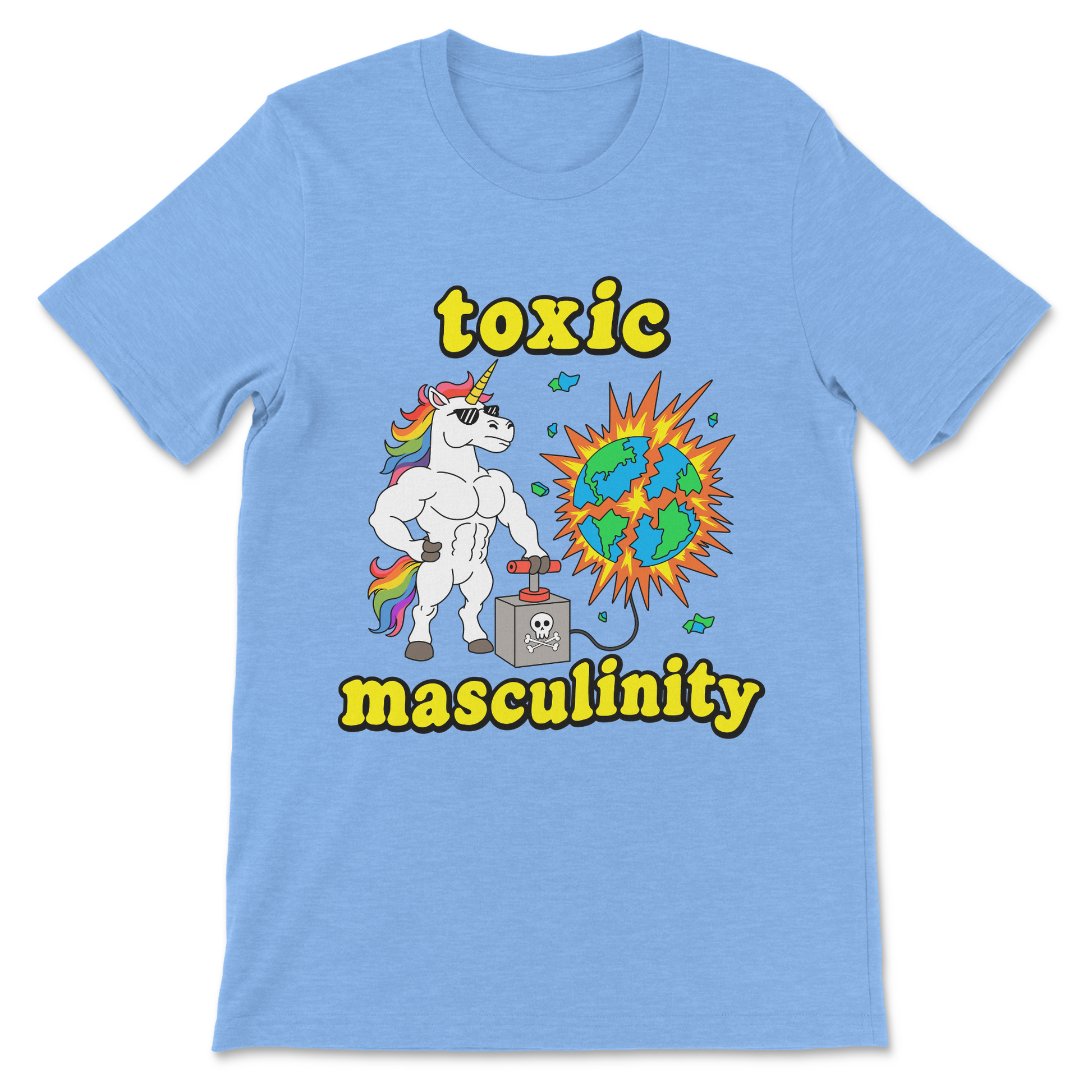 funny dystopian unicorn graphic tee with exploding world
