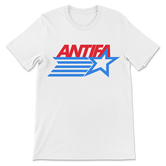Antifa shirt design featuring red ANTIFA lettering with a large blue star and horizontal stripes, anti fascist political graphic for protests, progressive activism, leftist politics and anti fascism supporters
