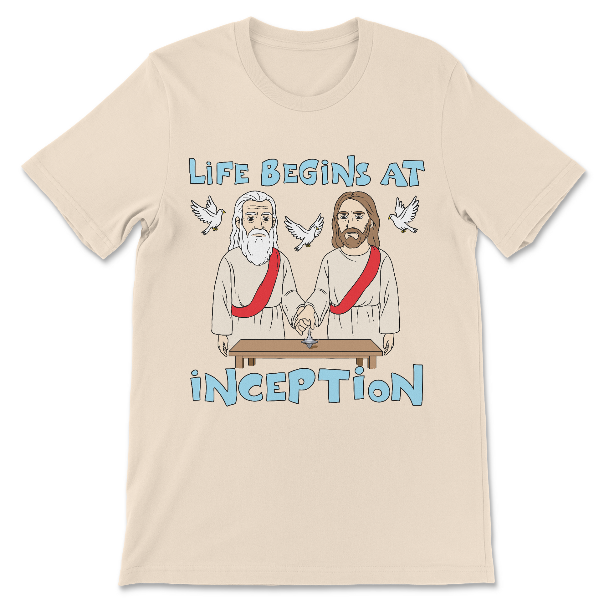 Unhinged shirt featuring Jesus and God holding hands
