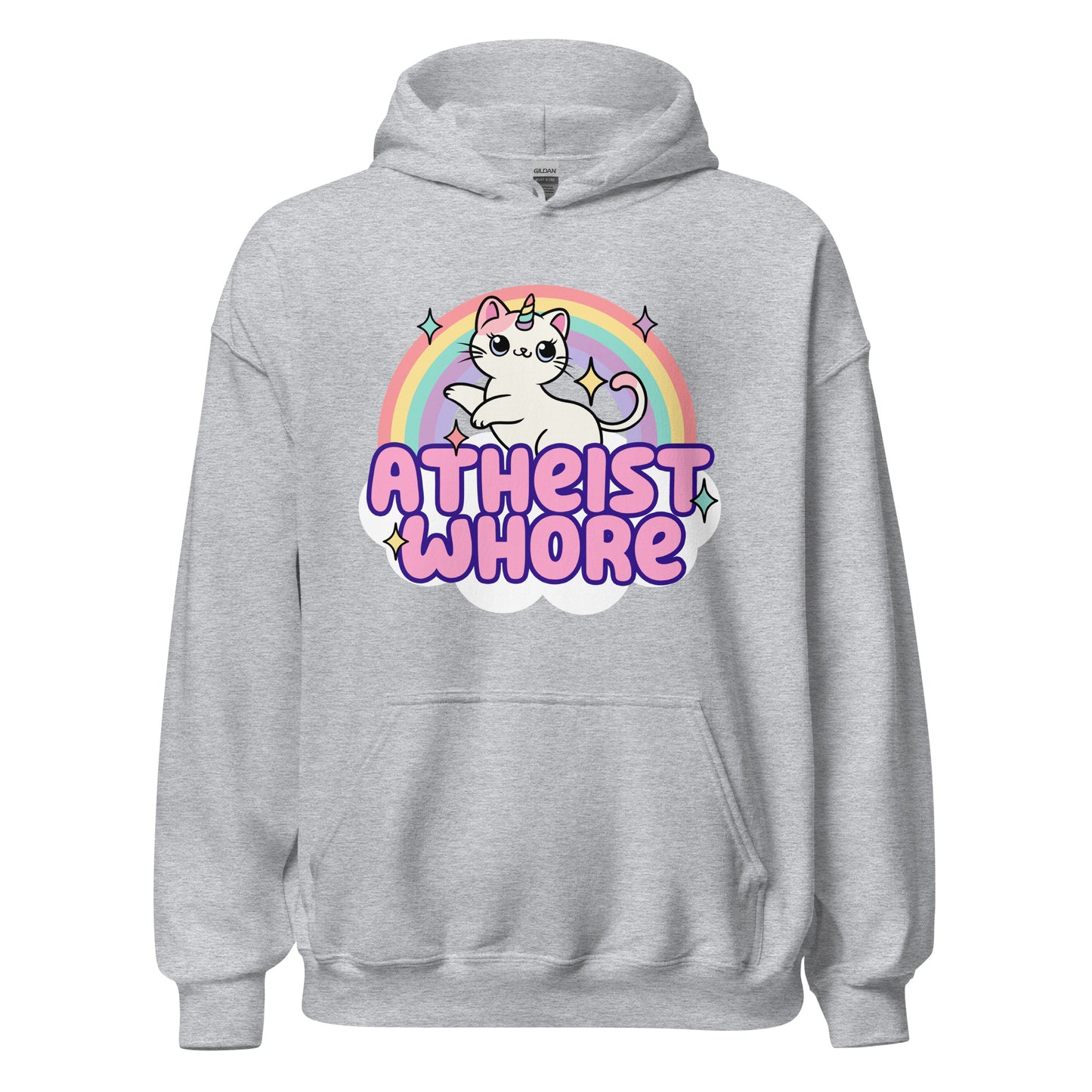 offensive atheist graphic hoodie with rainbow and cute characters
