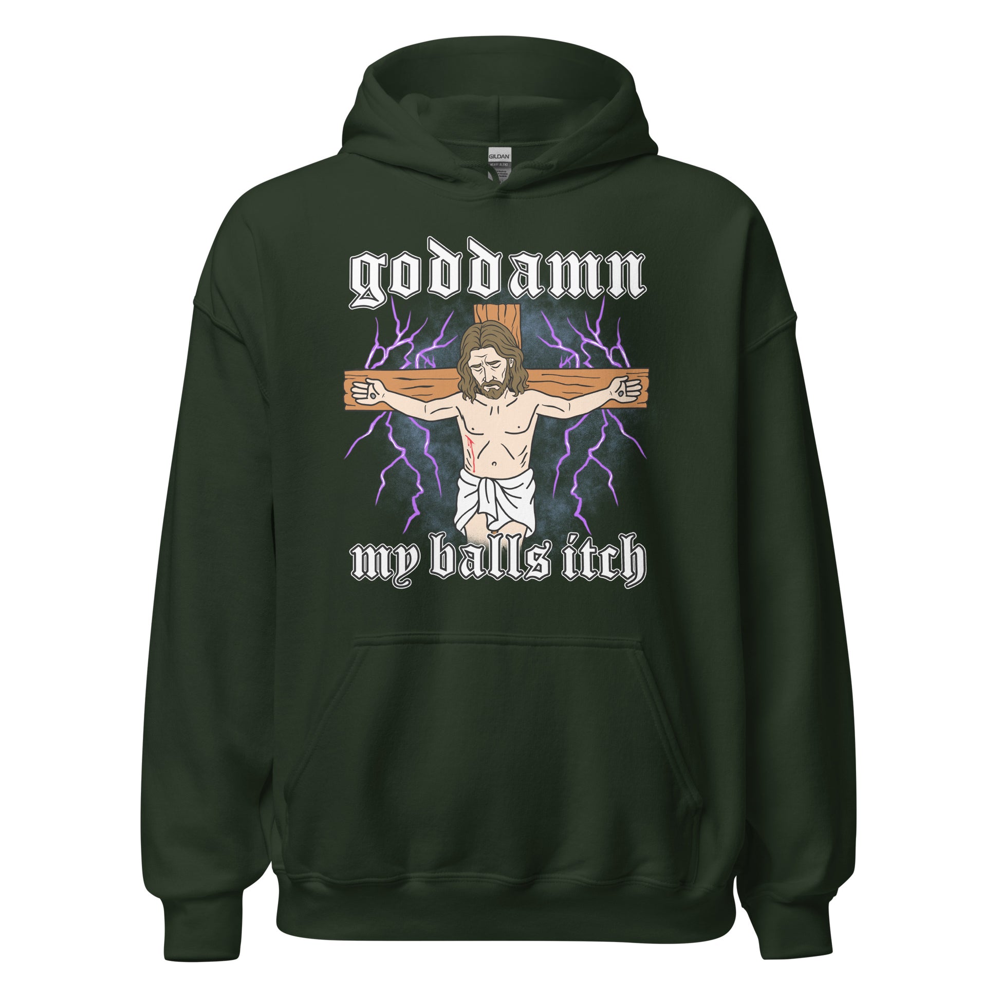 Dark humor hoodie showing an absurd Jesus artwork with Goddamn My Balls Itch text. Controversial meme design made for fans of inappropriate fashion.
