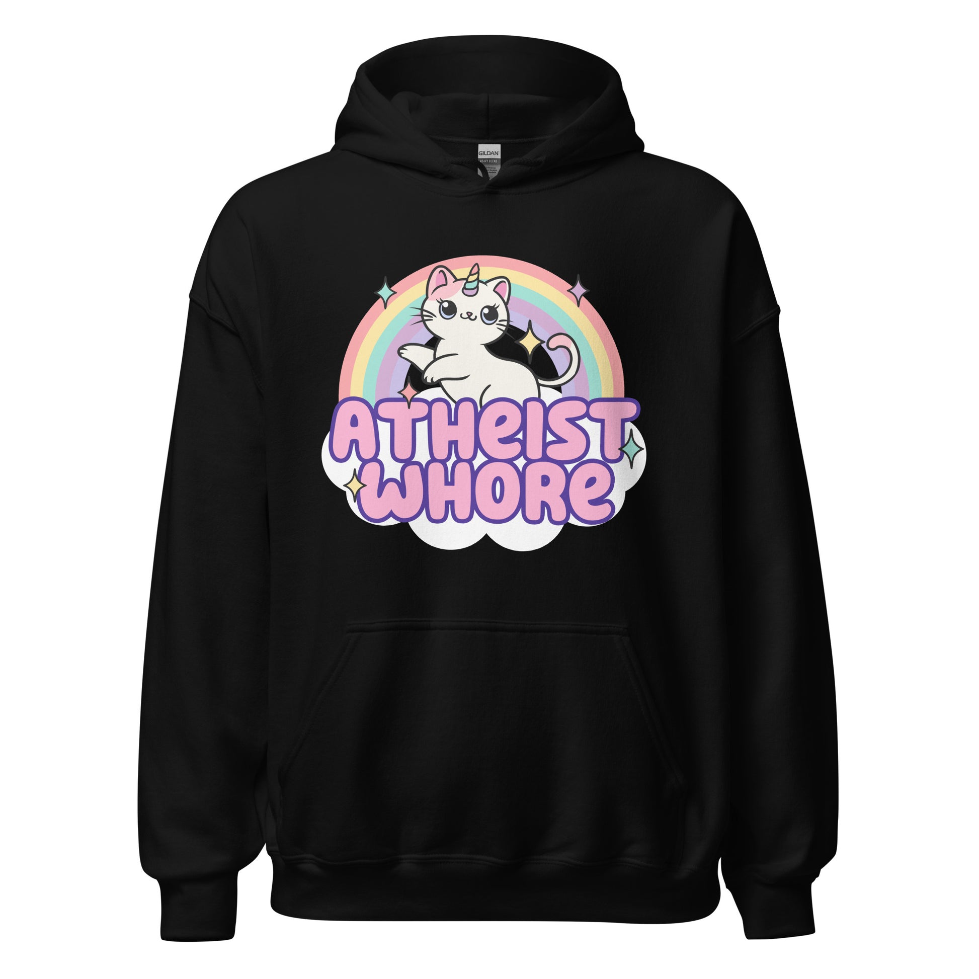 funny kitten unicorn sweatshirt that says atheist whore