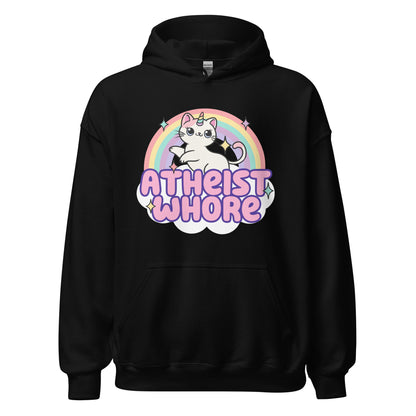 funny kitten unicorn sweatshirt that says atheist whore