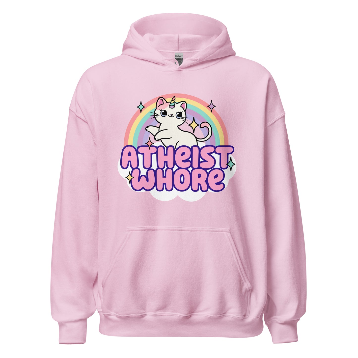 sarcastic atheist hoodie with kitten, unicorn, and rainbow artwork
