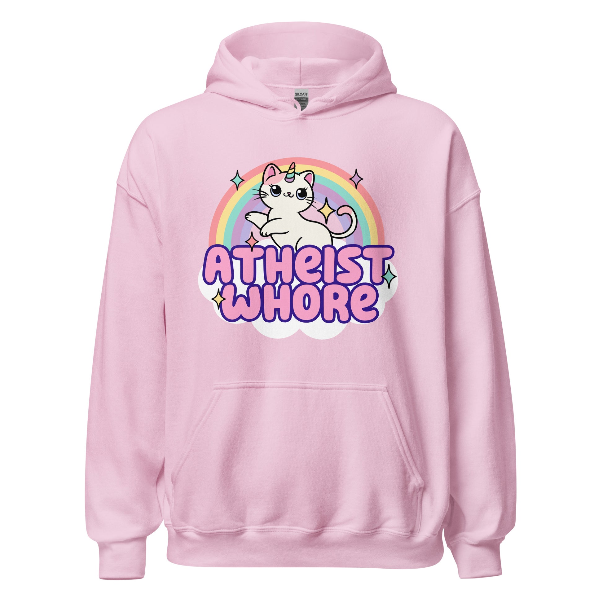 sarcastic atheist hoodie with kitten, unicorn, and rainbow artwork

