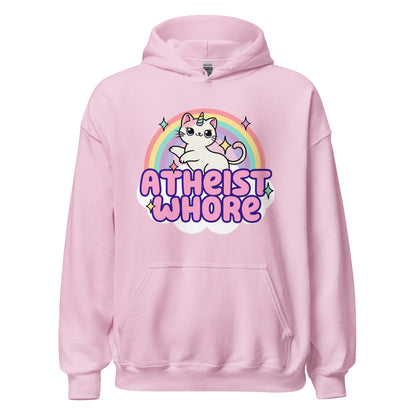 sarcastic atheist hoodie with kitten, unicorn, and rainbow artwork
