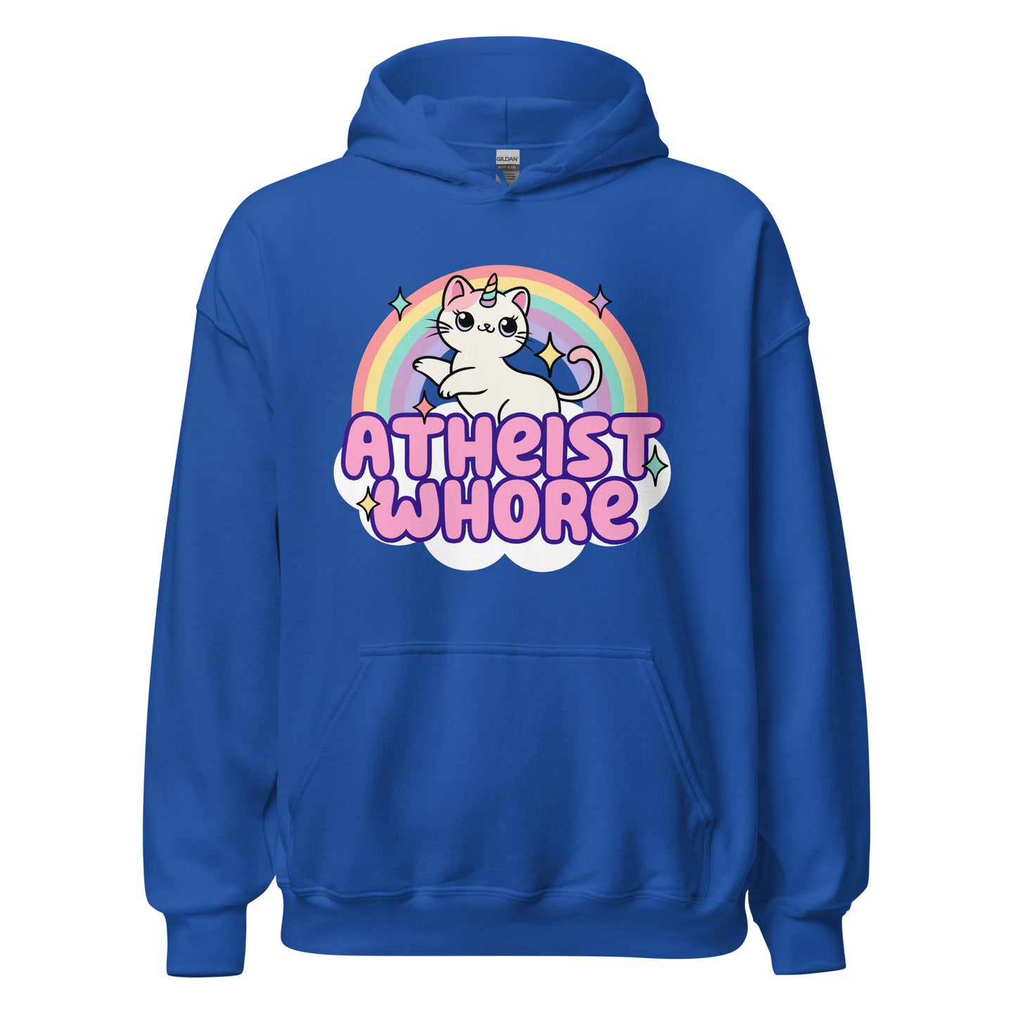 sarcastic anti-religion sweatshirt with unicorn kitten rainbow graphic

