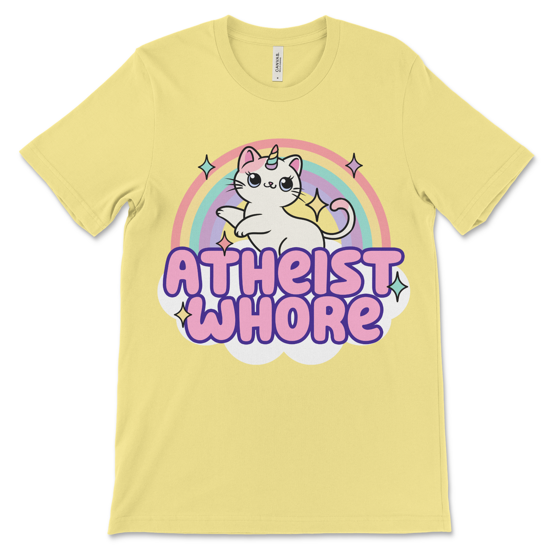 Offensive atheist whore meme shirt for women, ironic adult humor fashion.
