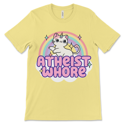 Offensive atheist whore meme shirt for women, ironic adult humor fashion.