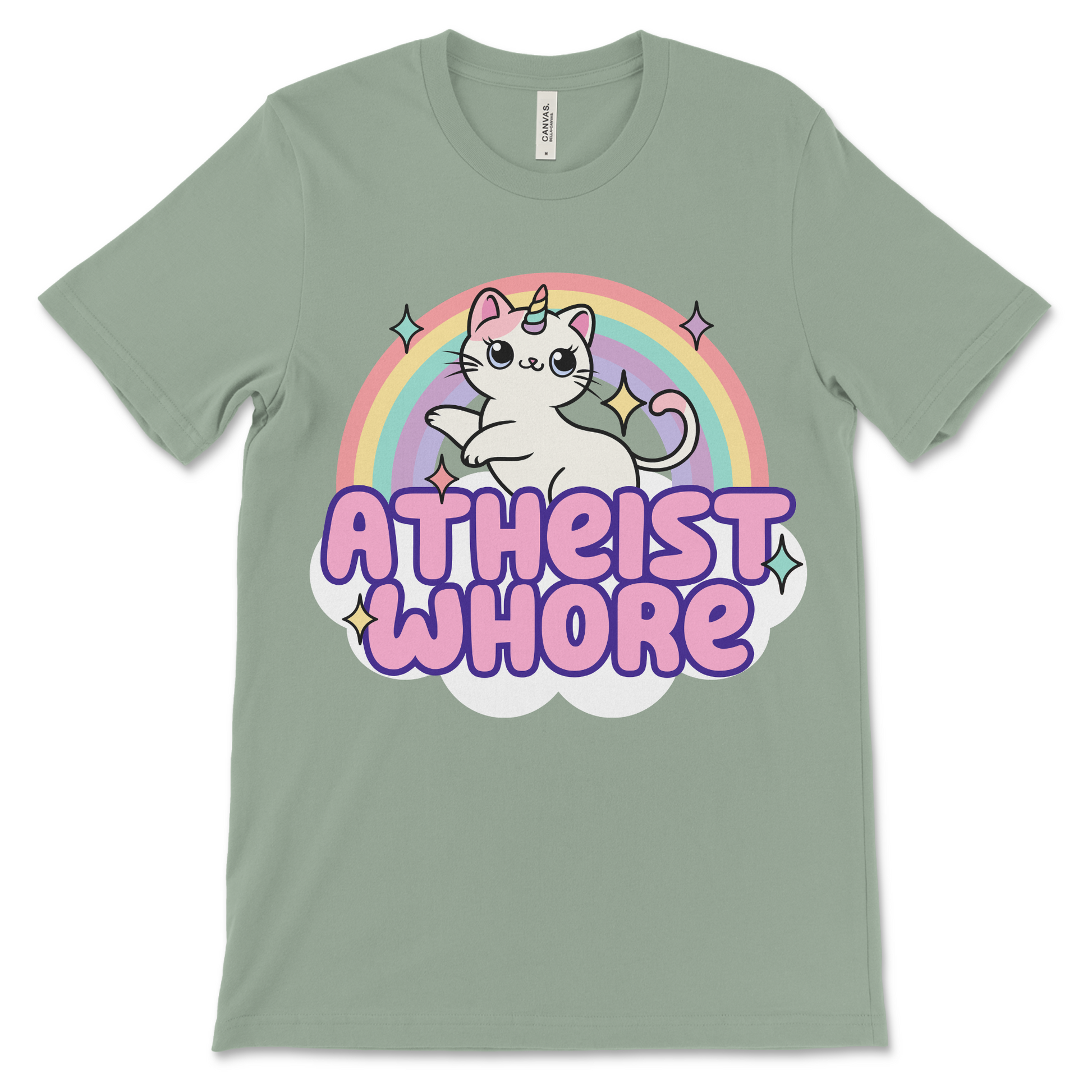 Atheist Whore shirt featuring rainbow and kitten design, offensive parody.