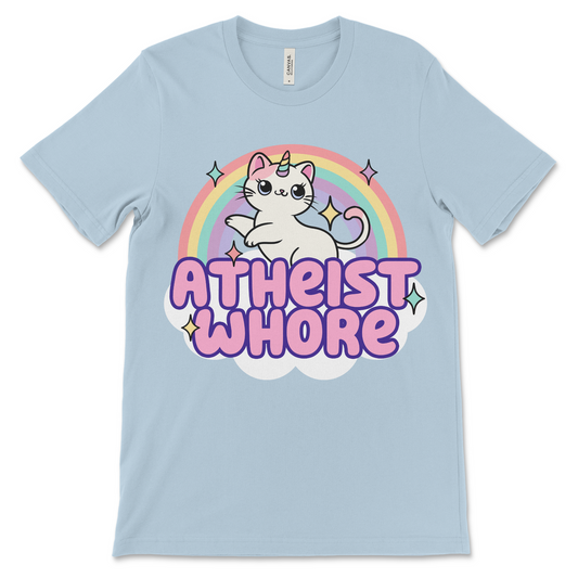 Funny atheist whore women’s tee with cringe offensive humor and sarcastic design.