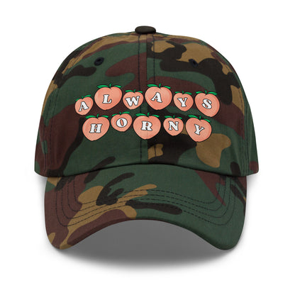 a camo dad hat with an offensive slogan 