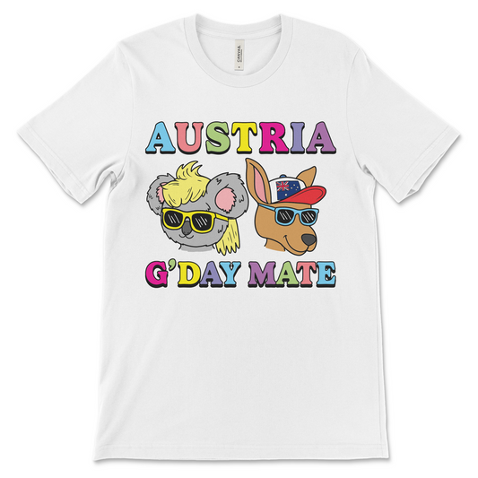 Weird and strange funny Australia shirt labeled Austria for a bizarre geography fail design. This odd and random Engrish-style shirt feels like a poorly translated Aussie shitpost complete with kangaroo and koala vibes.
