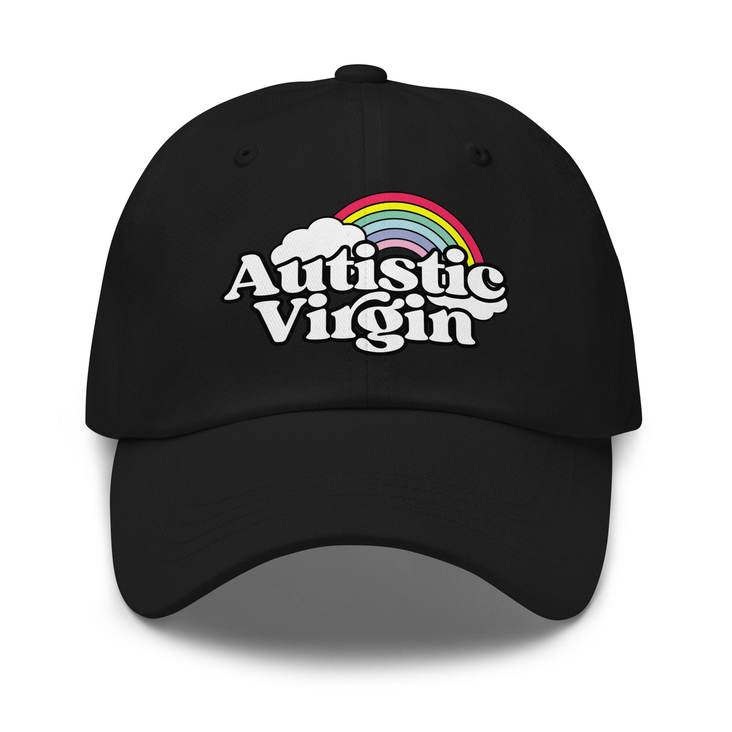 Autistic Virgin dad hat embroidered with funny NSFW meme text on black low-profile cap