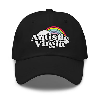 Autistic Virgin dad hat embroidered with funny NSFW meme text on black low-profile cap