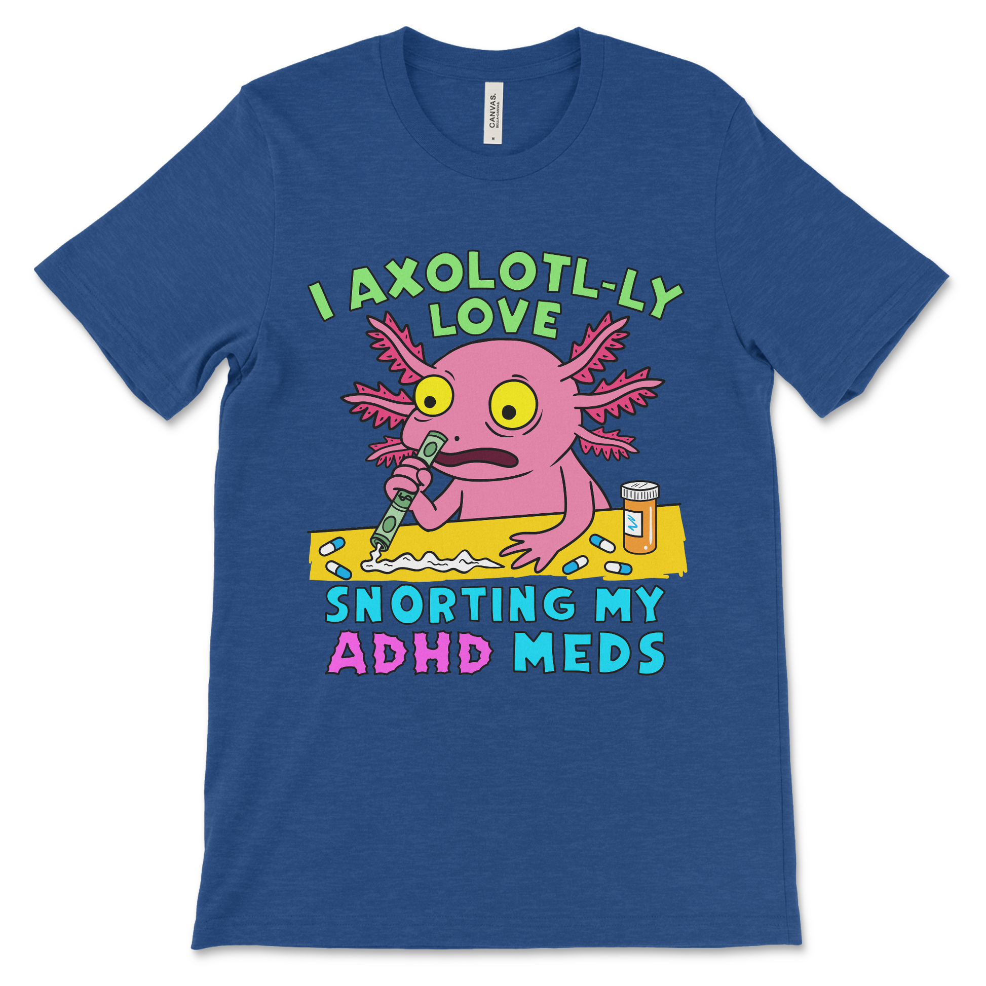 offensive and inappropriate shirt with a neurodivergent axolotl snorting drugs. 