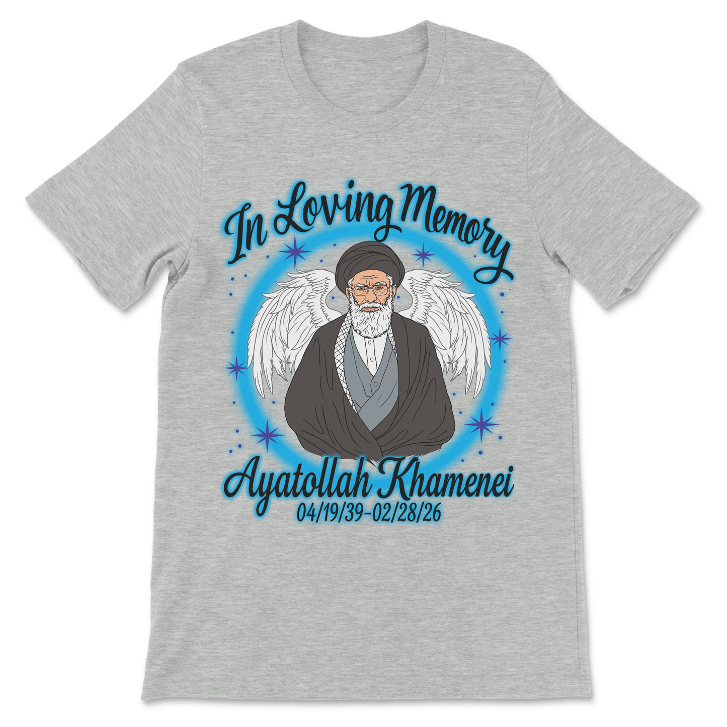 Political satire shirt showing Ayatollah Khamenei surrounded by heavenly clouds and memorial-style artwork.
