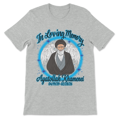 Political satire shirt showing Ayatollah Khamenei surrounded by heavenly clouds and memorial-style artwork.
