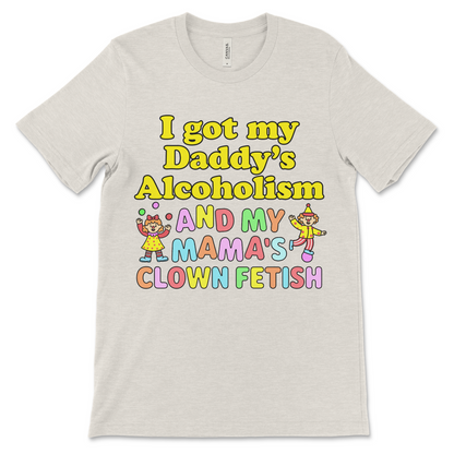 Dirty clown sex shirt featuring raunchy joke text, offensive meme style, and embarrassing humor.
