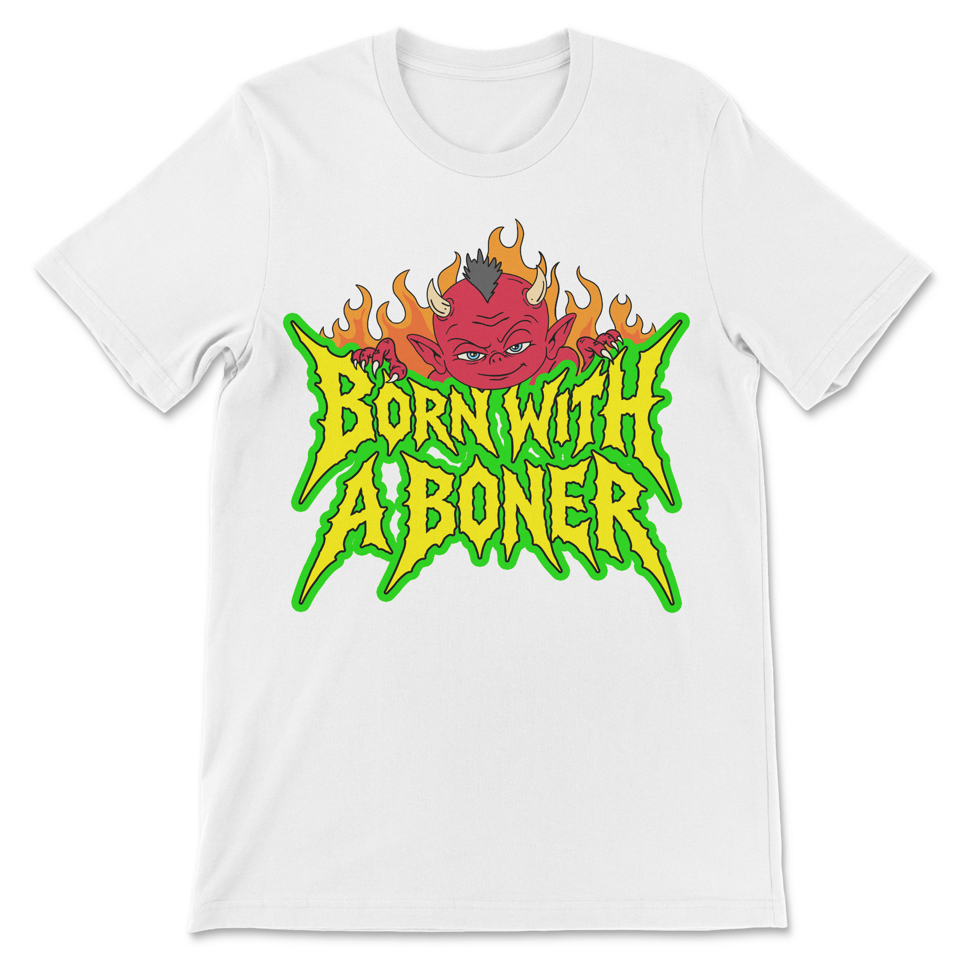 Funny crude humor design with a red devil peeking over "Born With a Boner" text.
