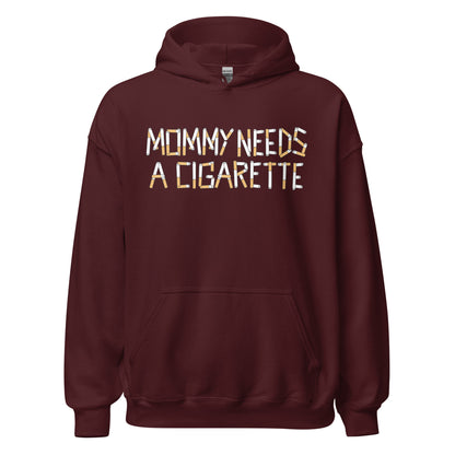 Funny mom hoodie featuring Mommy Needs a Cigarette Y2K style artwork