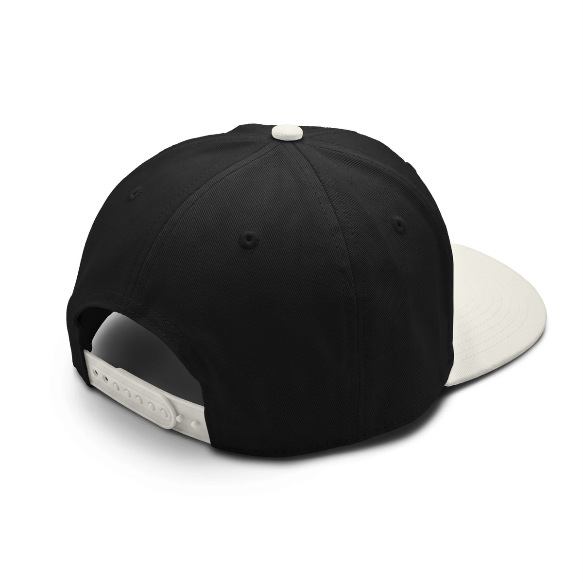 Rear three-quarter view of a black baseball cap with a contrasting white curved brim and white snap closure, shown on a clean white background.