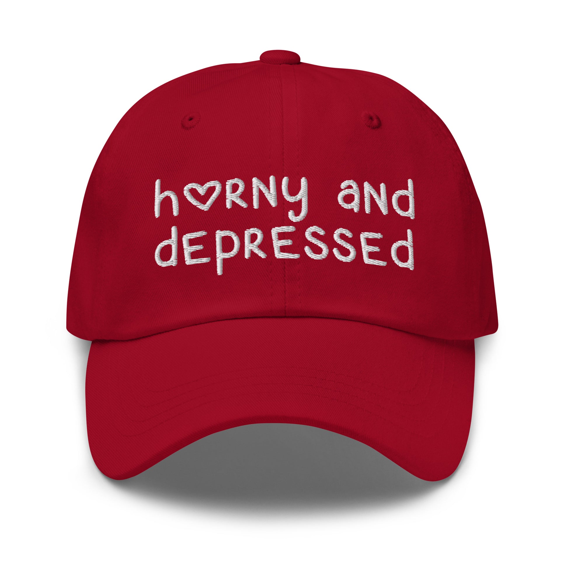 Funny embroidered dad hat with Horny and Depressed text, meme hat with offensive quote.
