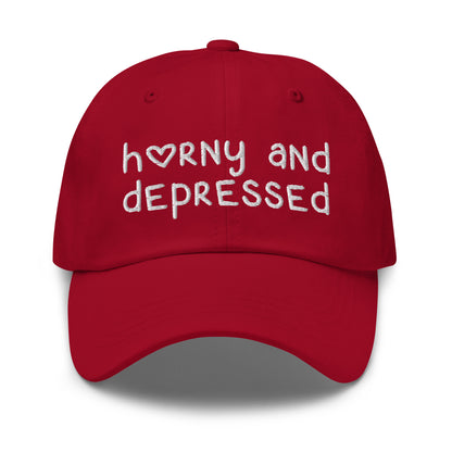 Funny embroidered dad hat with Horny and Depressed text, meme hat with offensive quote.