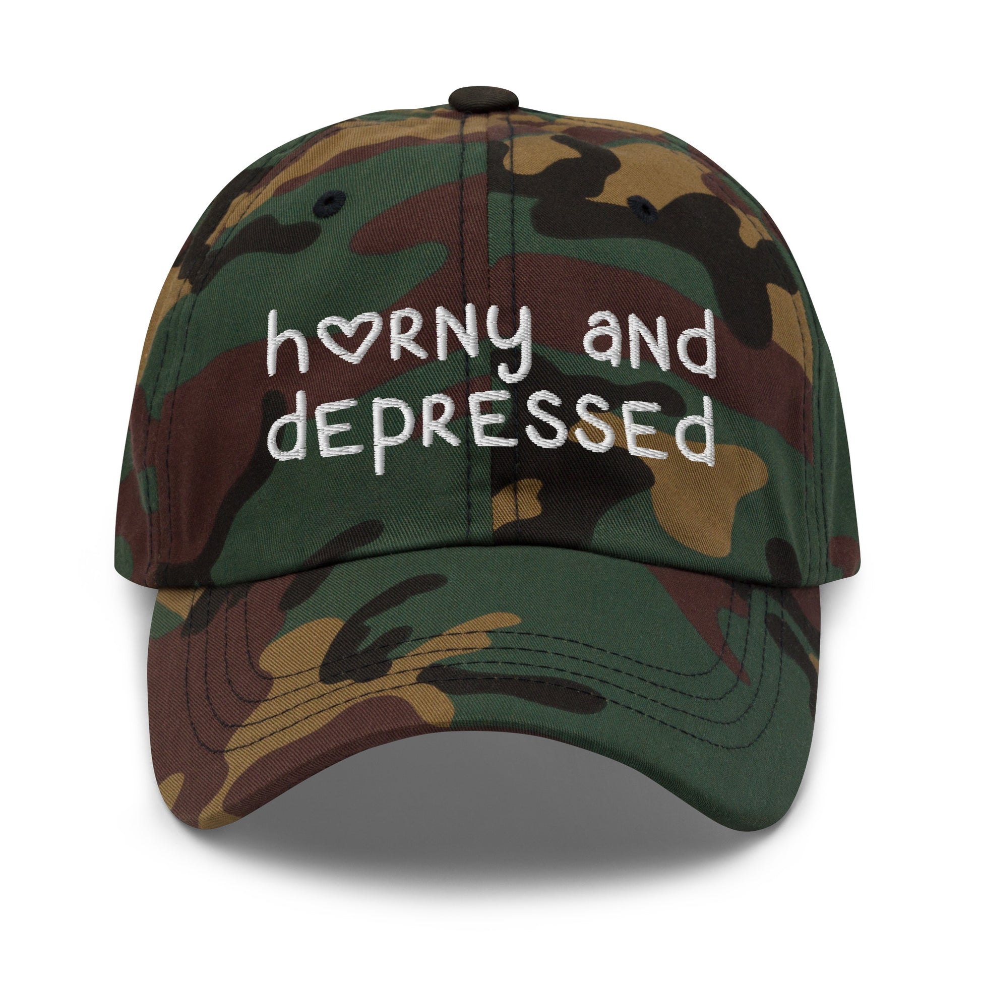 Funny embroidered dad hat with Horny and Depressed text, meme hat with offensive quote.
